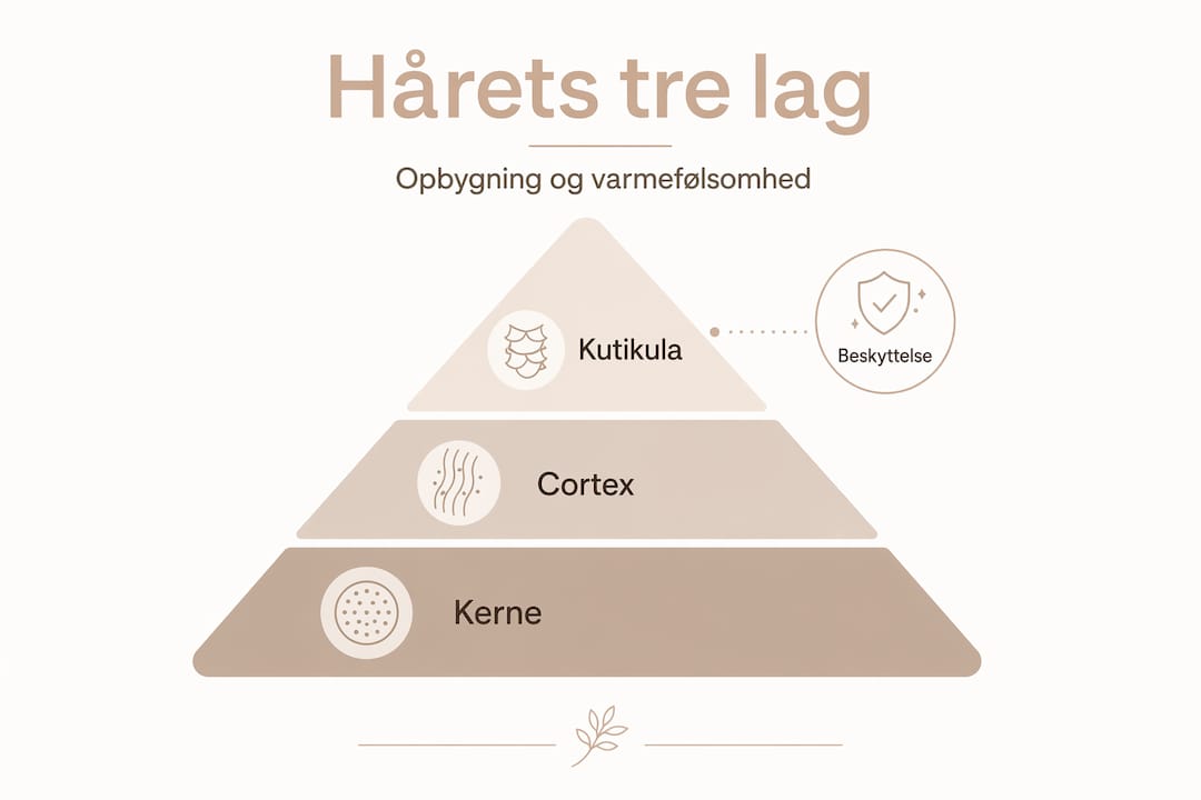 Illustration af hårets opbygning i tre lag, vist som en pyramide