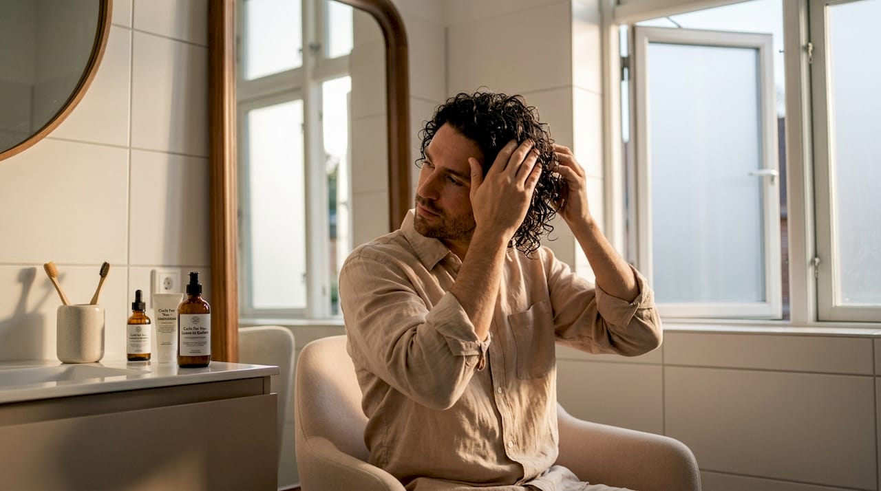 En mand arbejder leave-in conditioner ind i sit krøllede hår