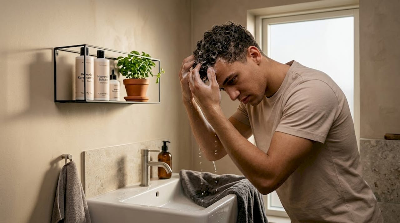 En mand står ved håndvasken på badeværelset og vasker sit krøllede hår med en mild shampoo.