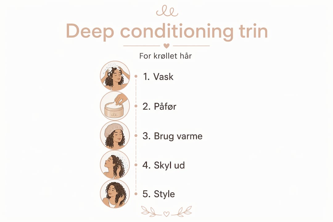 Se vores infografik, hvor du får en overskuelig guide til, hvordan du bedst plejer og dybdebehandler krøllet hår trin for trin.