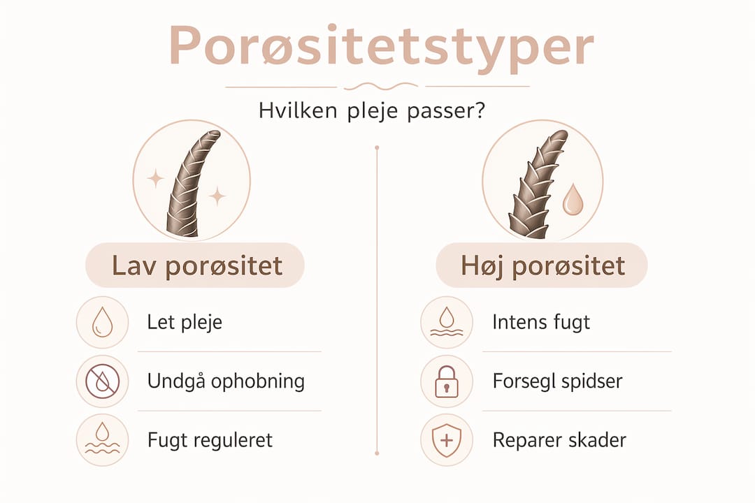 En infografik viser forskellene på hår med lav og høj porøsitet