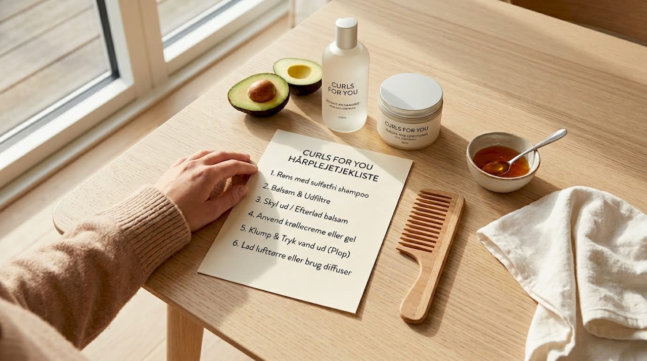 Flot oversigtsbillede af en hårpleje-tjekliste med Curly Girl-venlige produkter