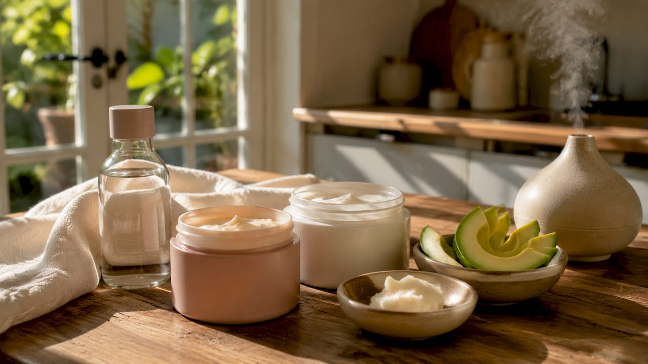Set ovenfra: hårmasker og naturlige ingredienser stillet frem på badeværelsesbordet