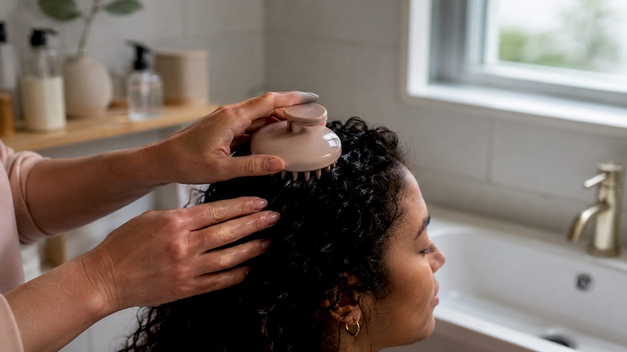 Tæt på hovedbundsmassage med en speciel massagebørste