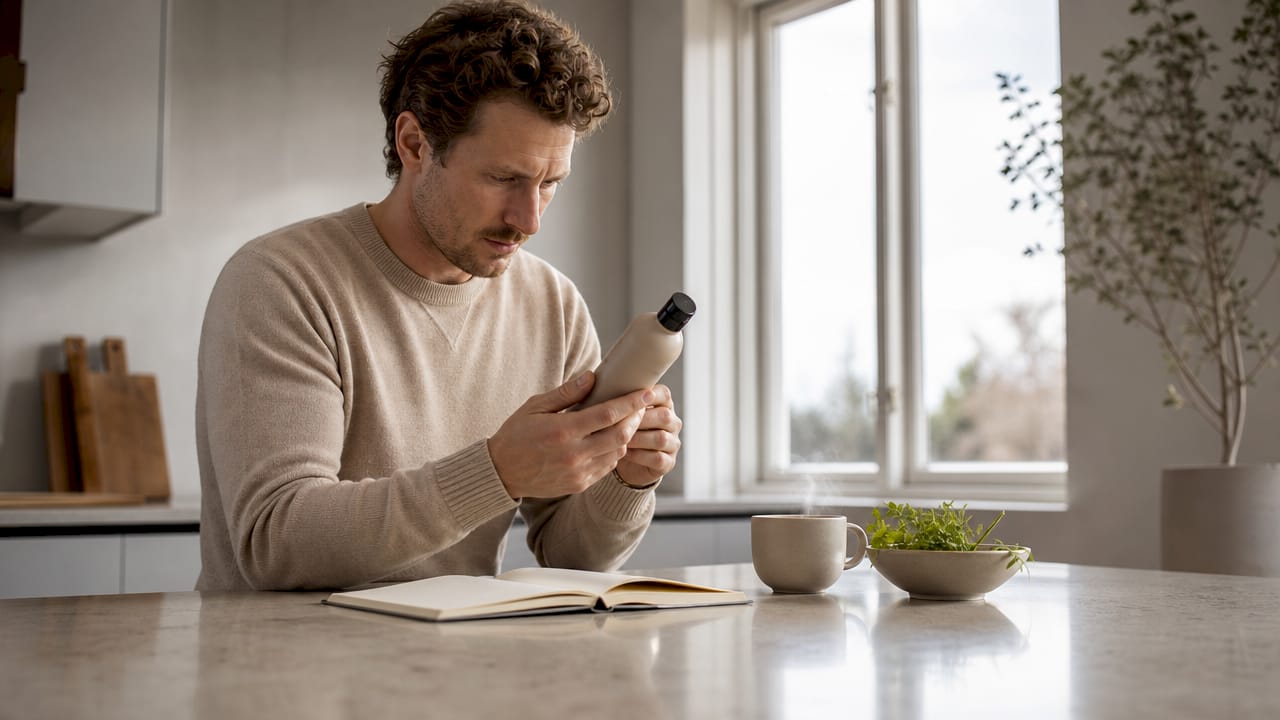 Mand står og nærlæser ingredienslisten på en shampoo-flaske