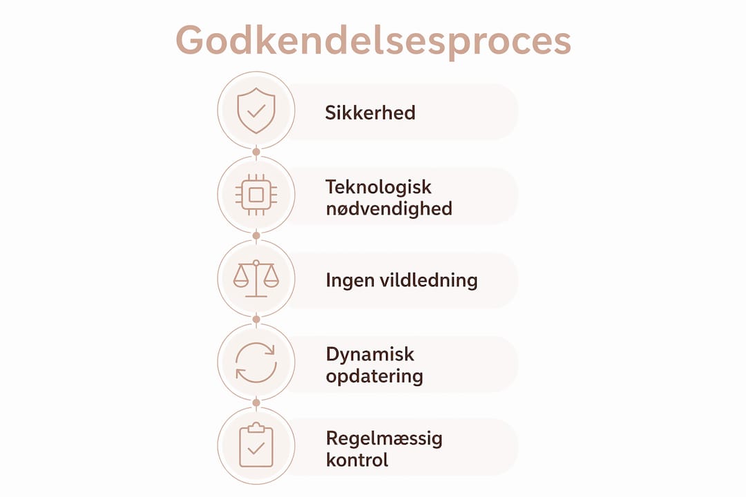 Her får du et overblik over de forskellige trin i godkendelsesprocessen, præsenteret som en infografik.