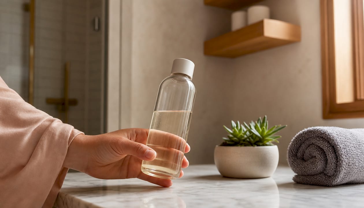 En hånd holder en skånsom shampooflaske uden sulfater.