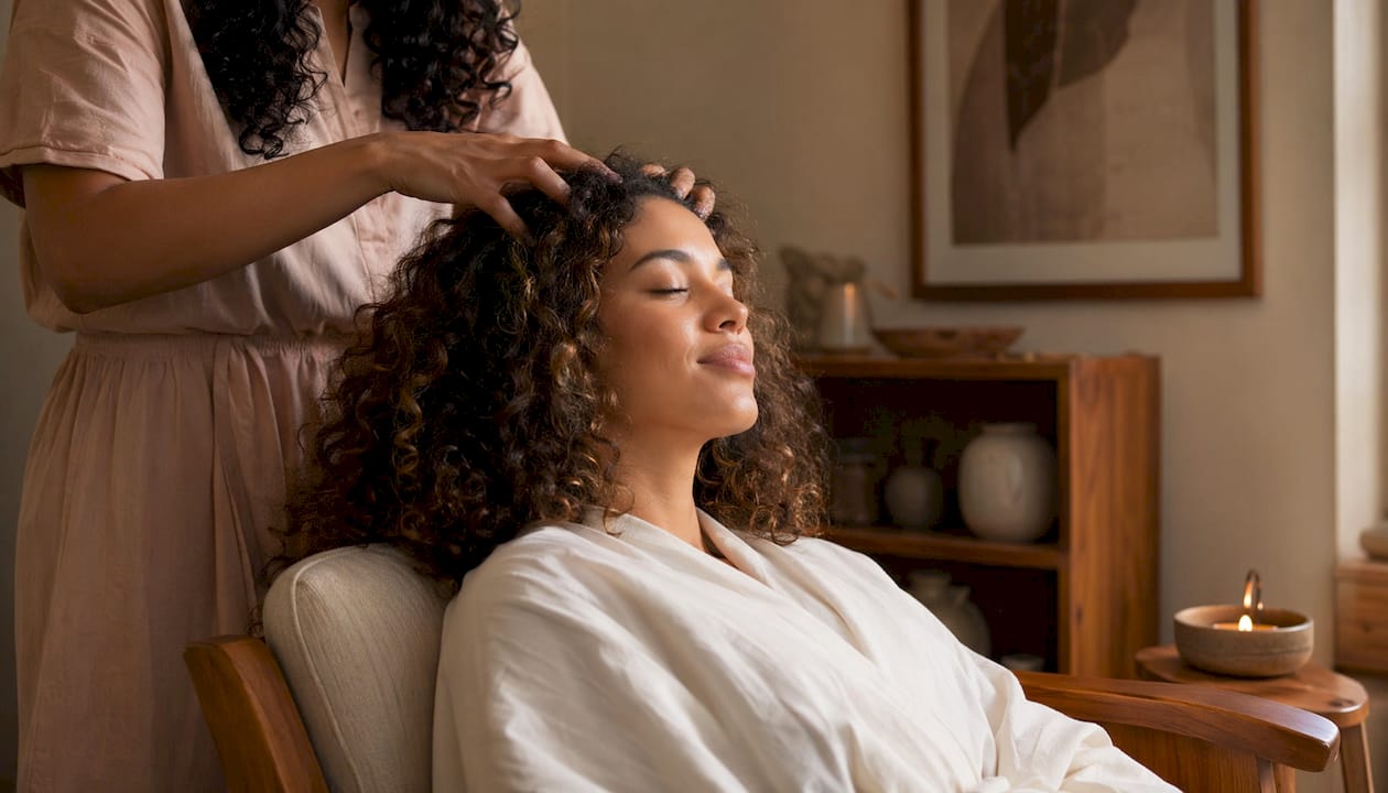 En kvinde nyder en afslappende hovedbundsmassage i et wellnesscenter.