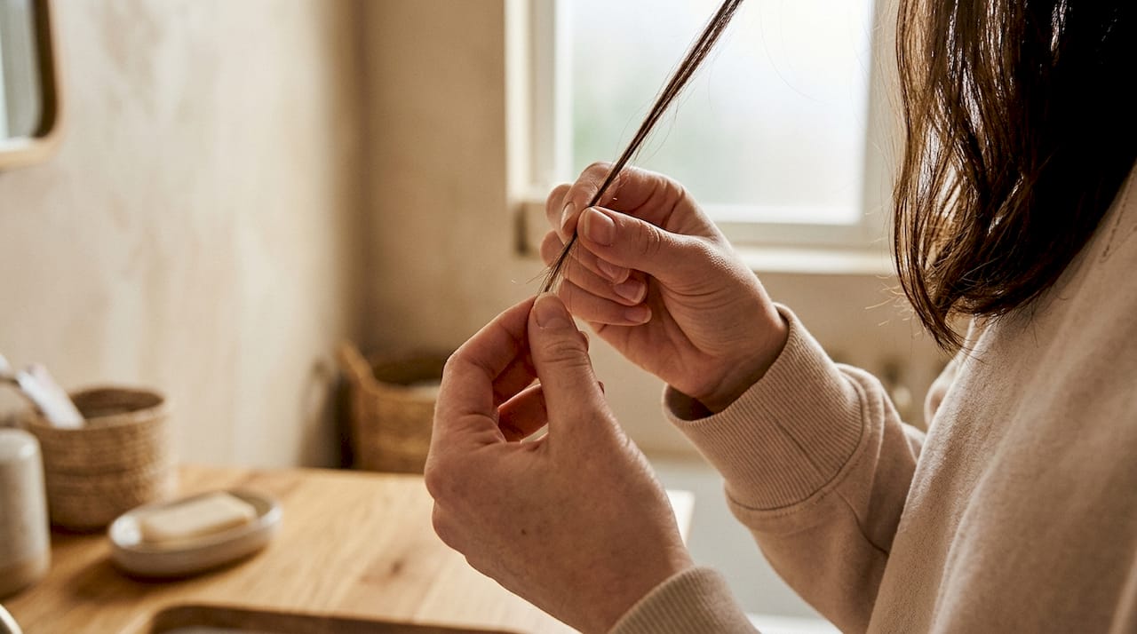 Et nærbillede af hænder, der forsigtigt trækker i et tørt hårstrå