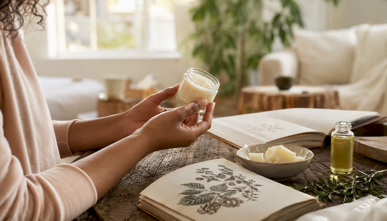 Et par hænder holder en krukke med creme til naturligt krøllet hår