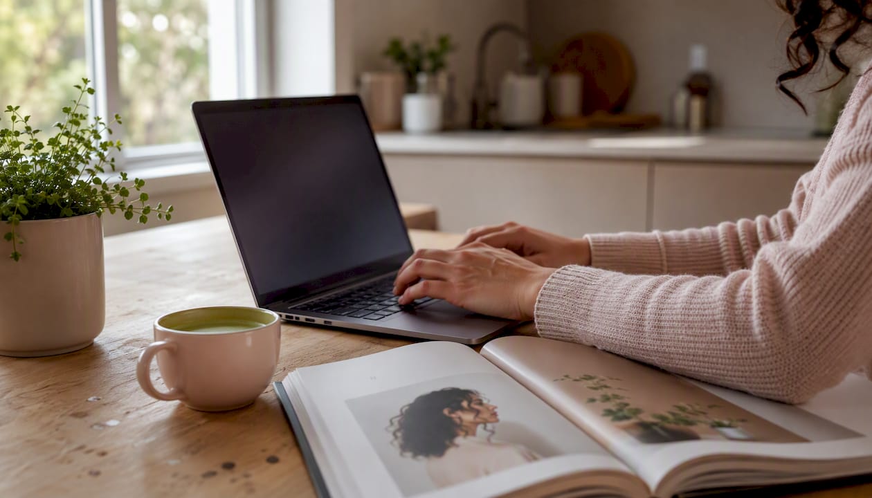 Tæt på: Hænder der skriver en mail på bærbar computer ved hjemmearbejdspladsen