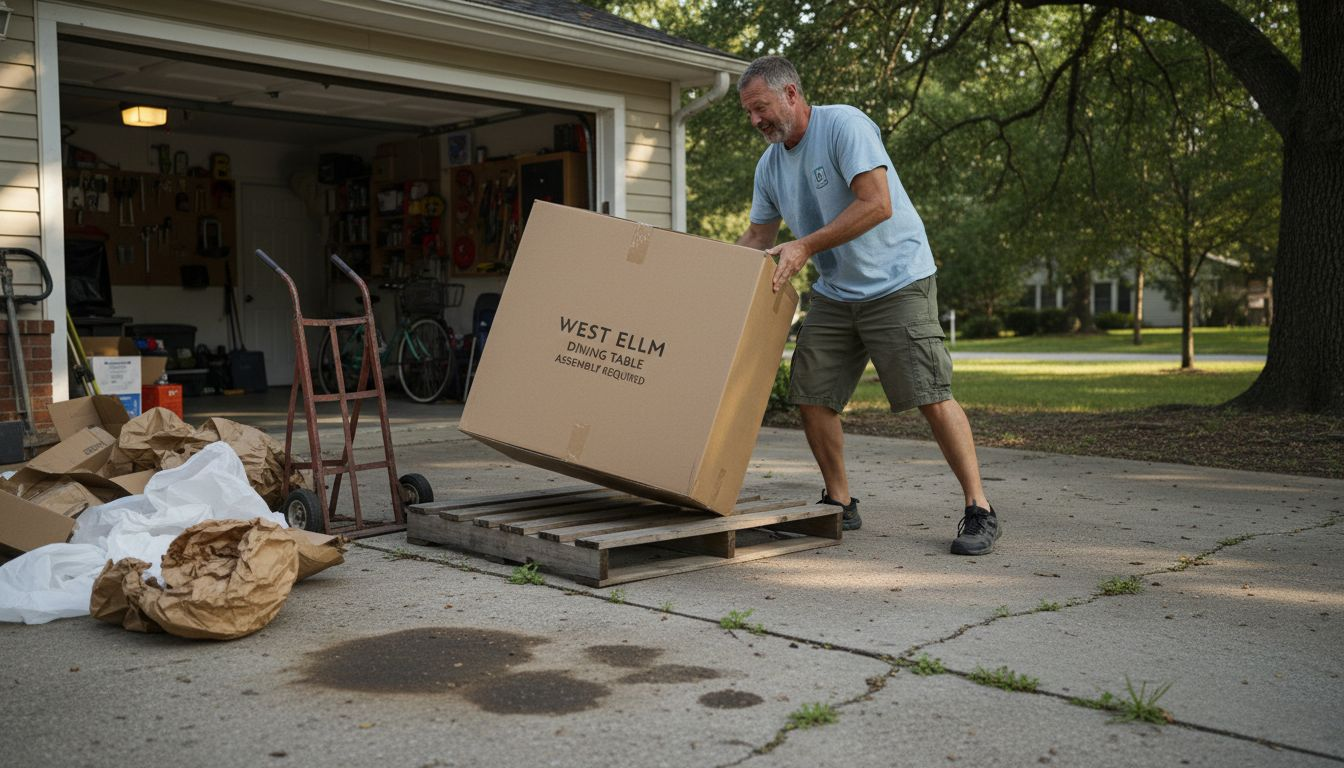 Homeowner unloading delivered furniture box