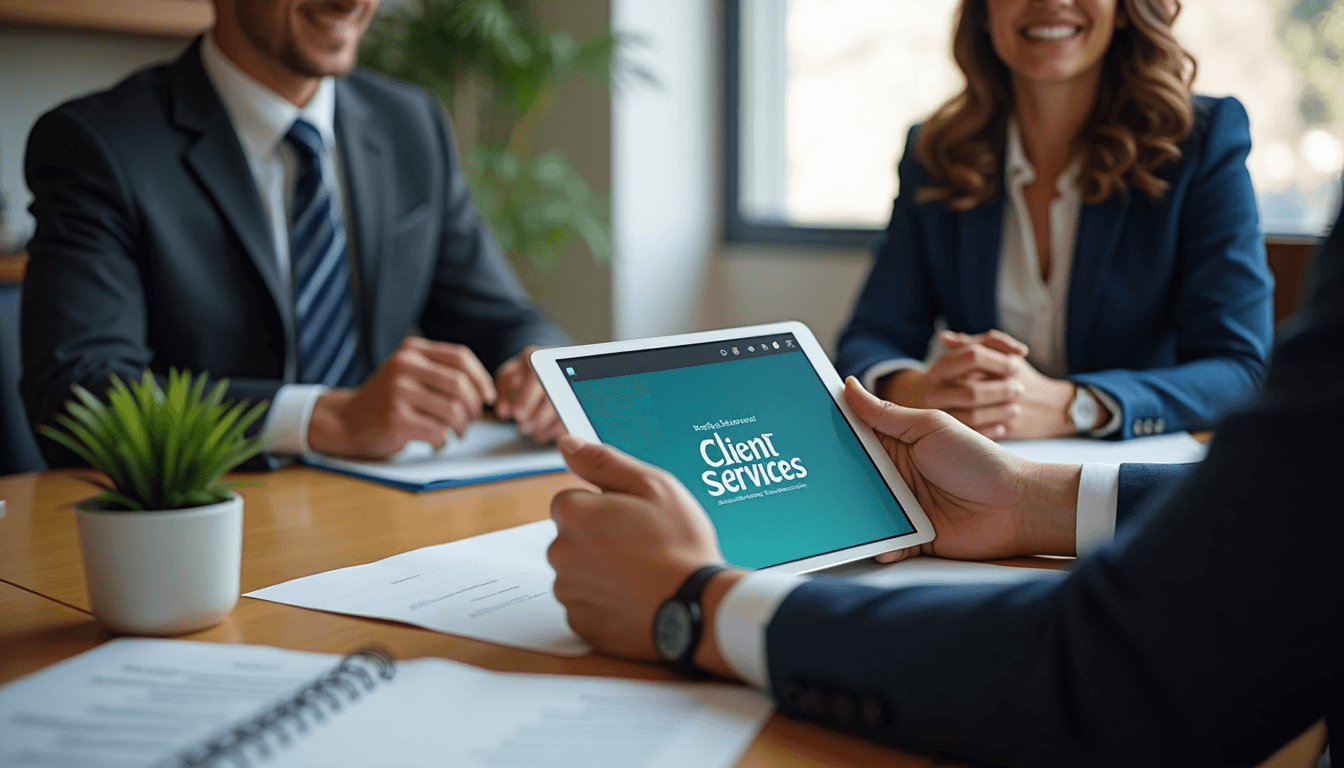 Lawyers using tablet chatbot with client in meeting room
