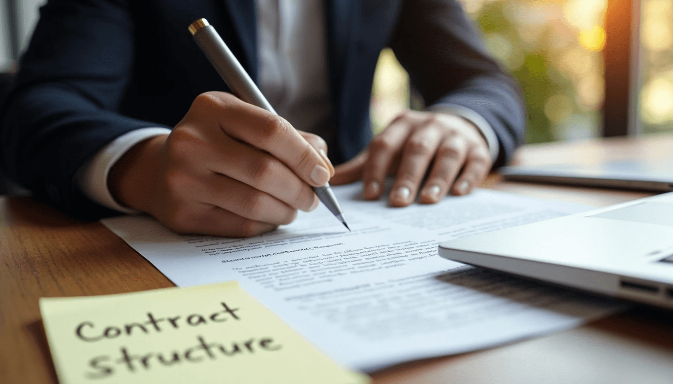 Lawyer annotating contract at sunlit desk with legal notes