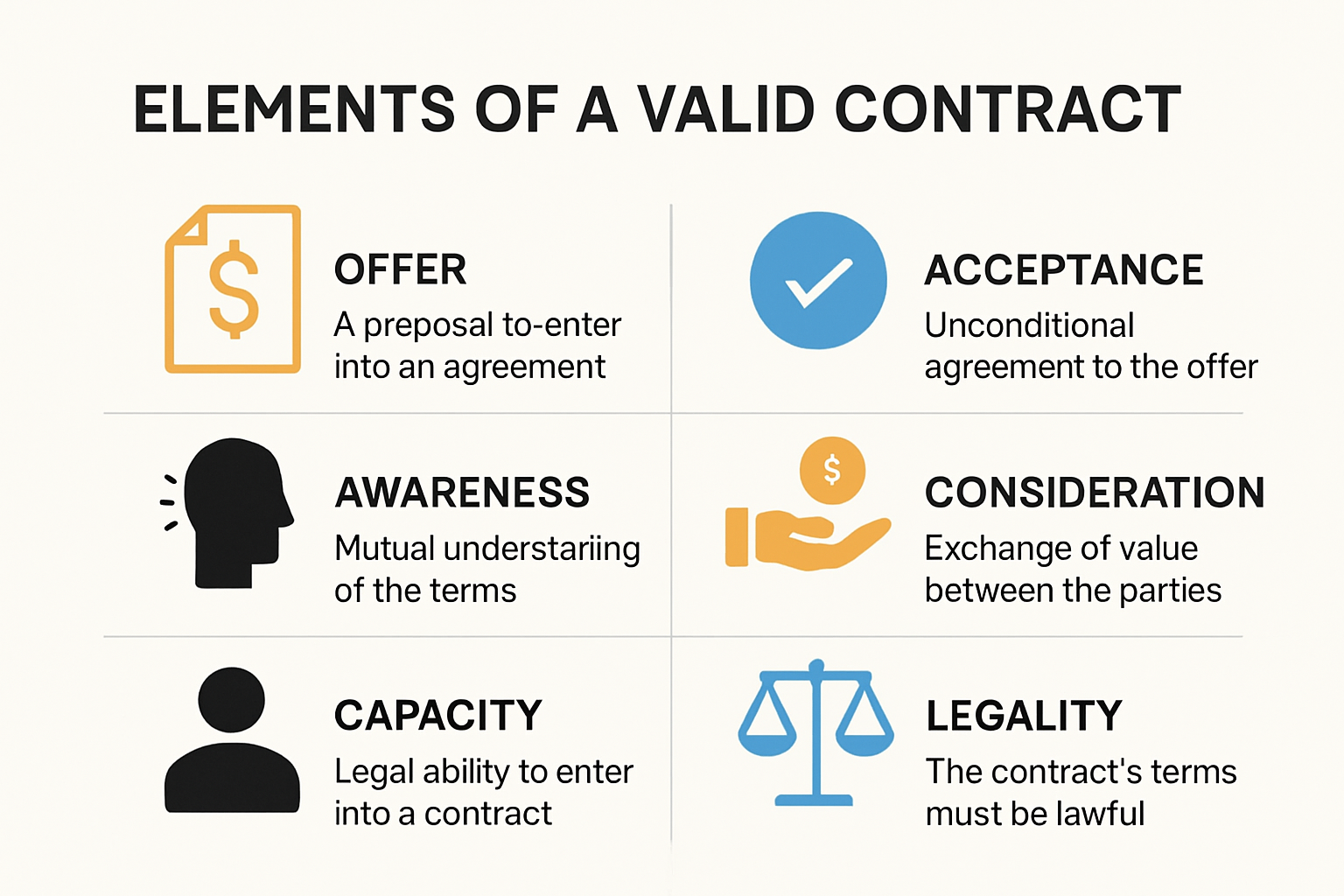 Infographic showing six elements of a valid contract