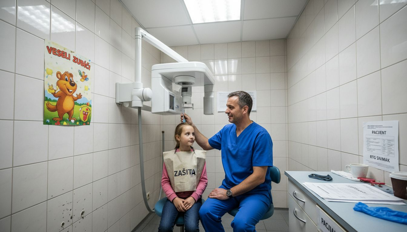 Zubni tehničar pomaže detetu da se pripremi za snimanje zuba.