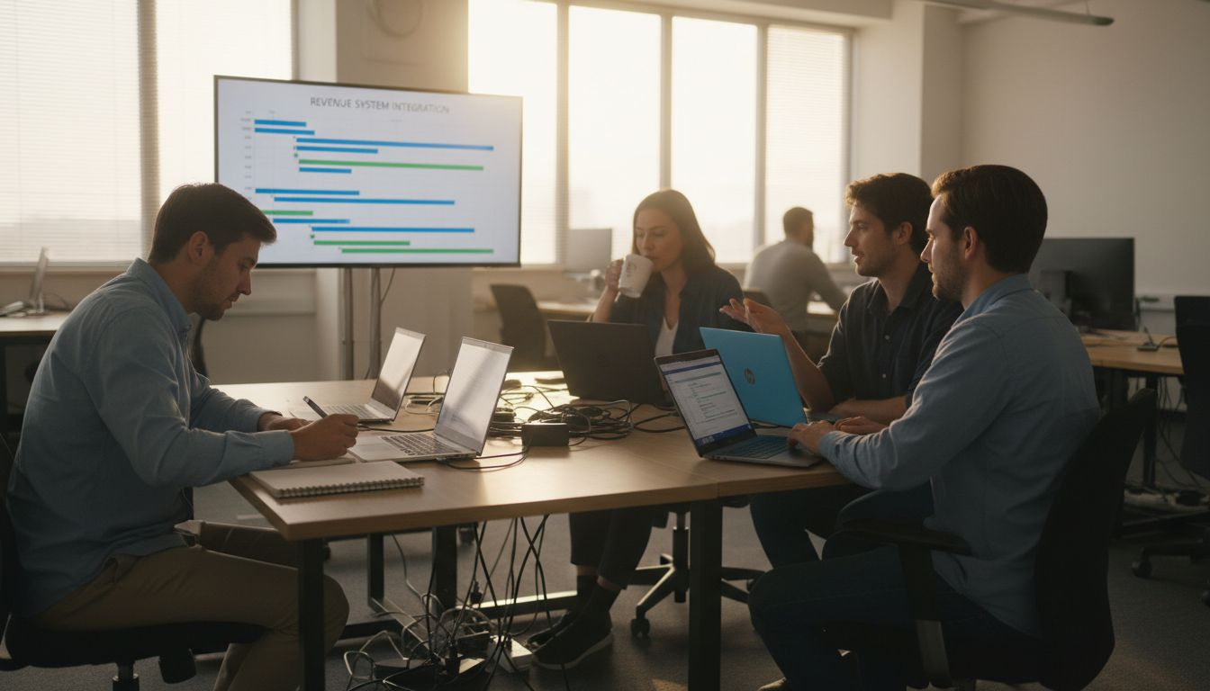 SaaS team collaborating across departments at workspace