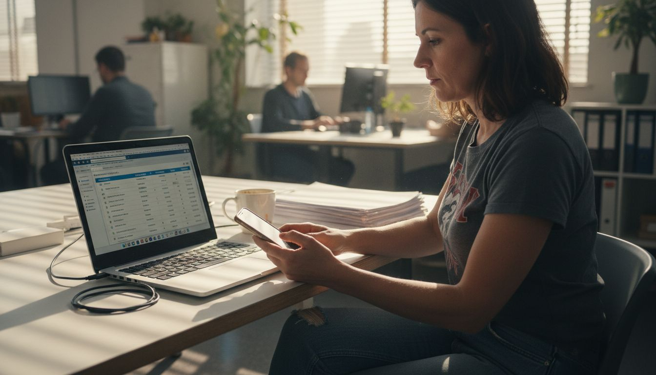 Worker using CRM system in open office