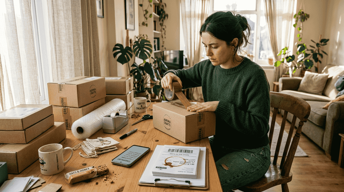 E-commerce entrepreneur packing orders at desk