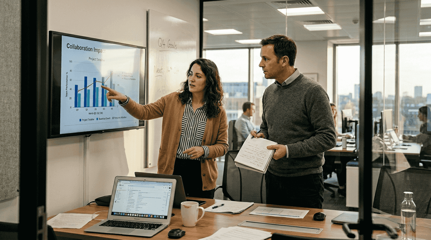 Managers discussing chart in meeting room