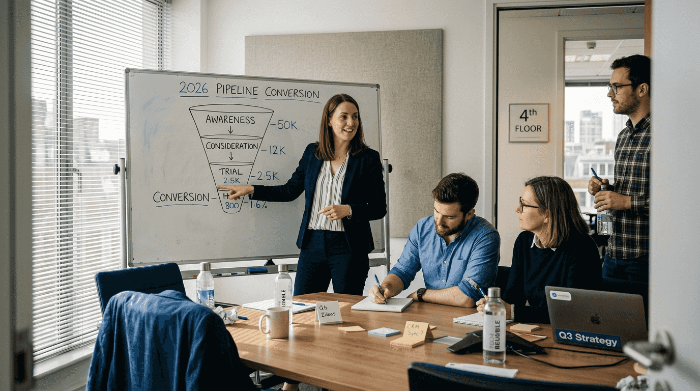 SaaS marketing meeting with funnel diagram