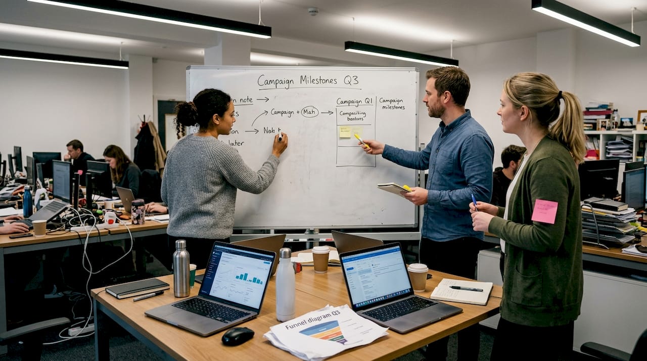 Marketing team collaborates around meeting table