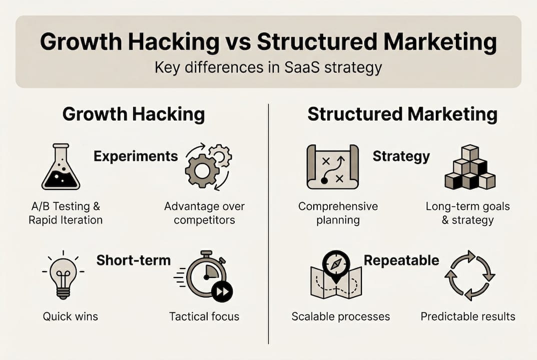 Infographic comparing growth hacking versus structured marketing