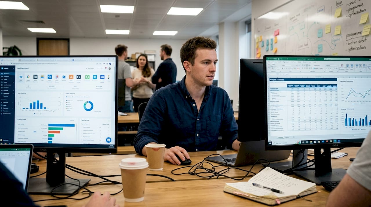 Marketer switching between tool-filled screens