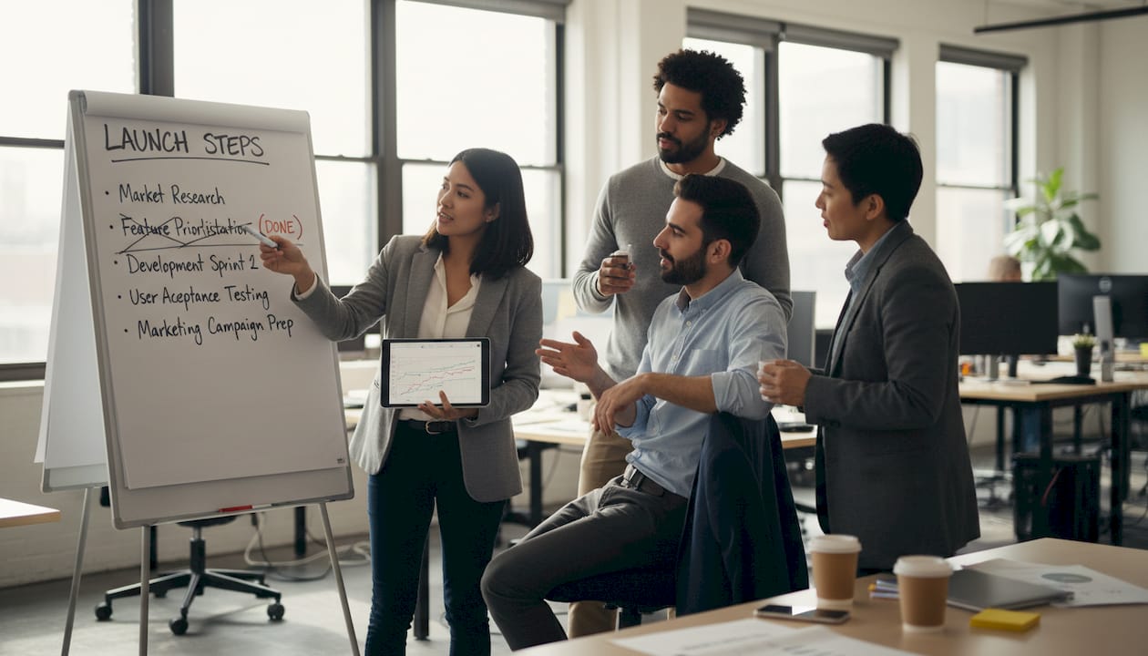 Team discusses workflow checklist at meeting