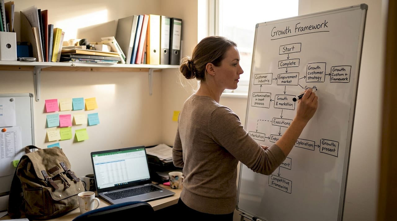 Marketer updating growth framework on whiteboard