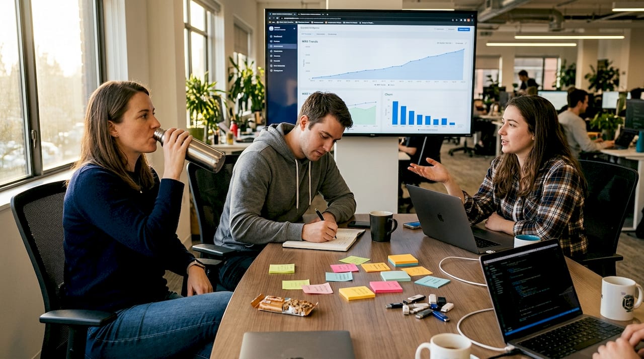 Team examining SaaS data dashboard