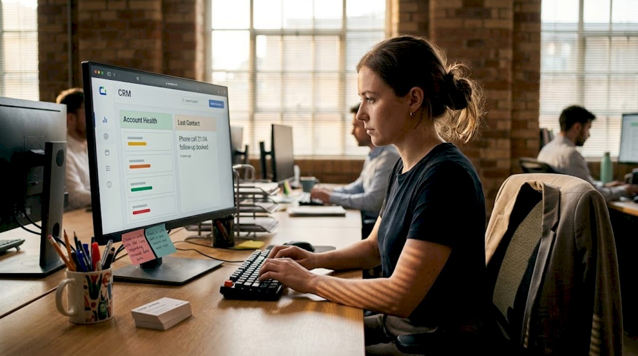 Employee updating CRM system with client data