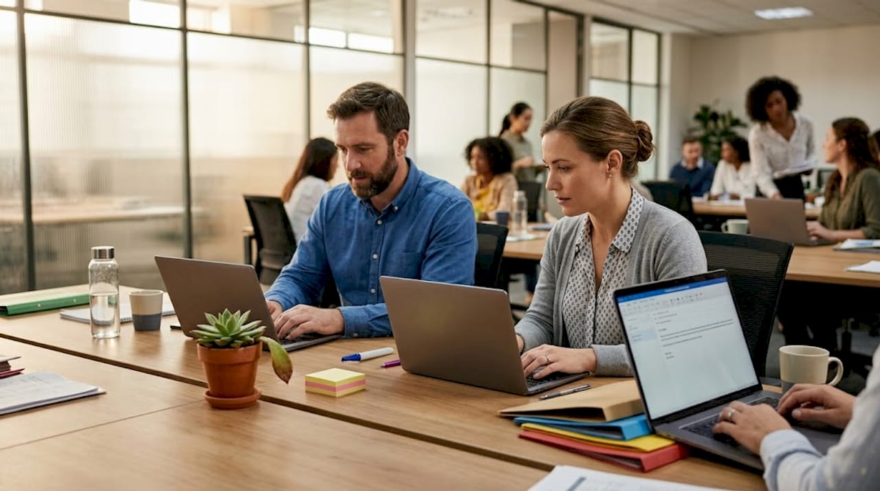 Managers collaborating in open-plan agency workspace