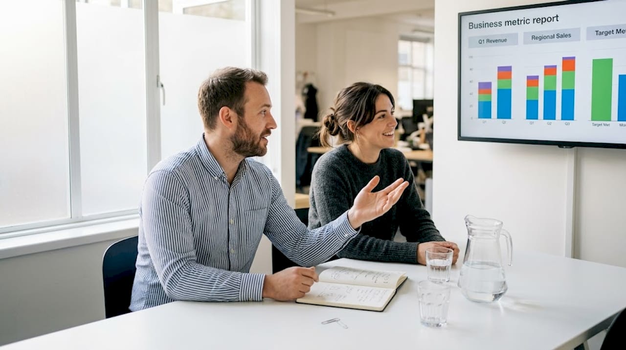 Colleagues discuss segmented marketing metrics