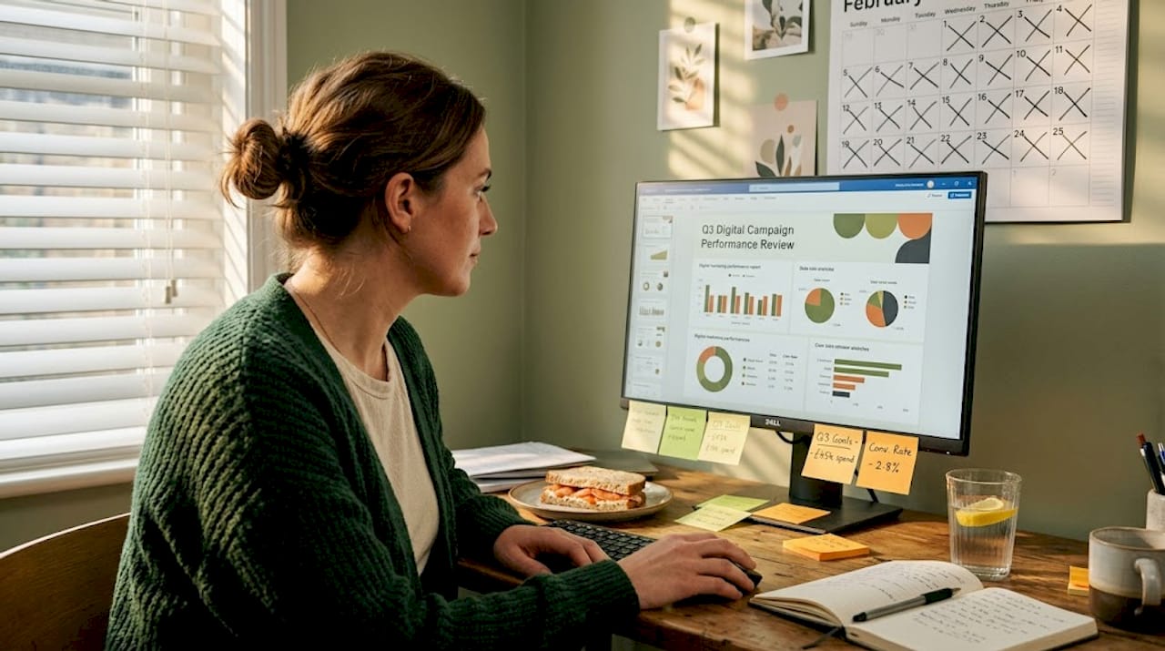 Marketer examines ad performance at home office