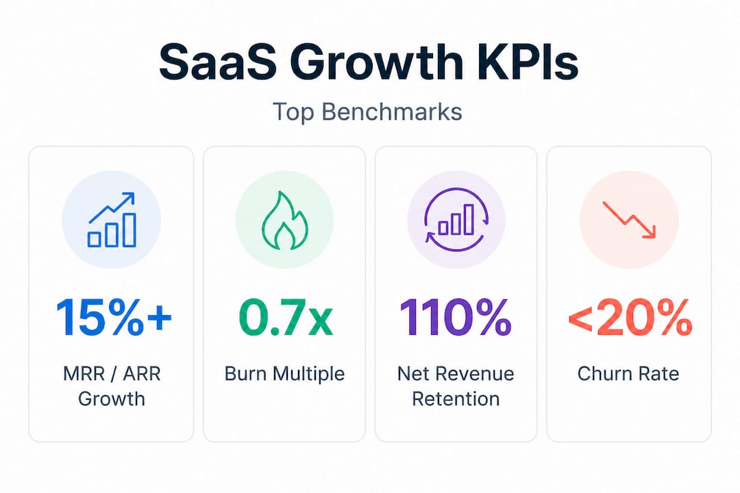 Infographic with SaaS KPI stat callouts and benchmarks