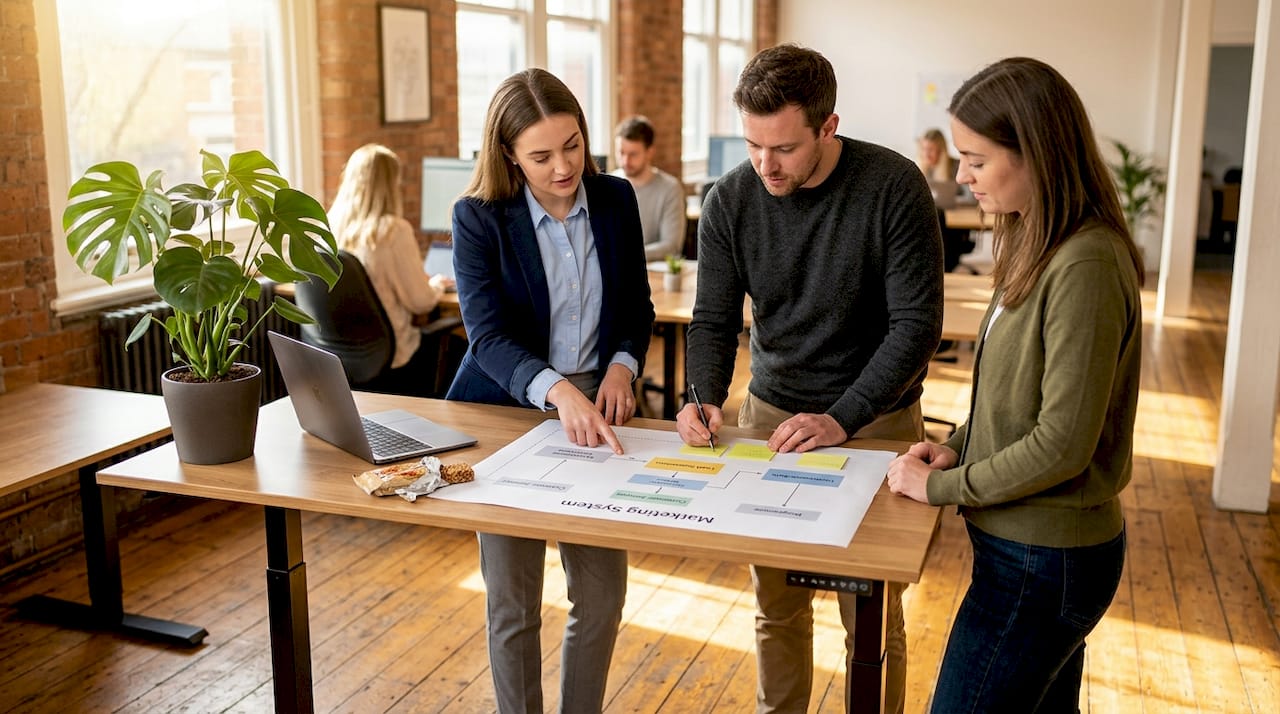 Startup team working on marketing process documents