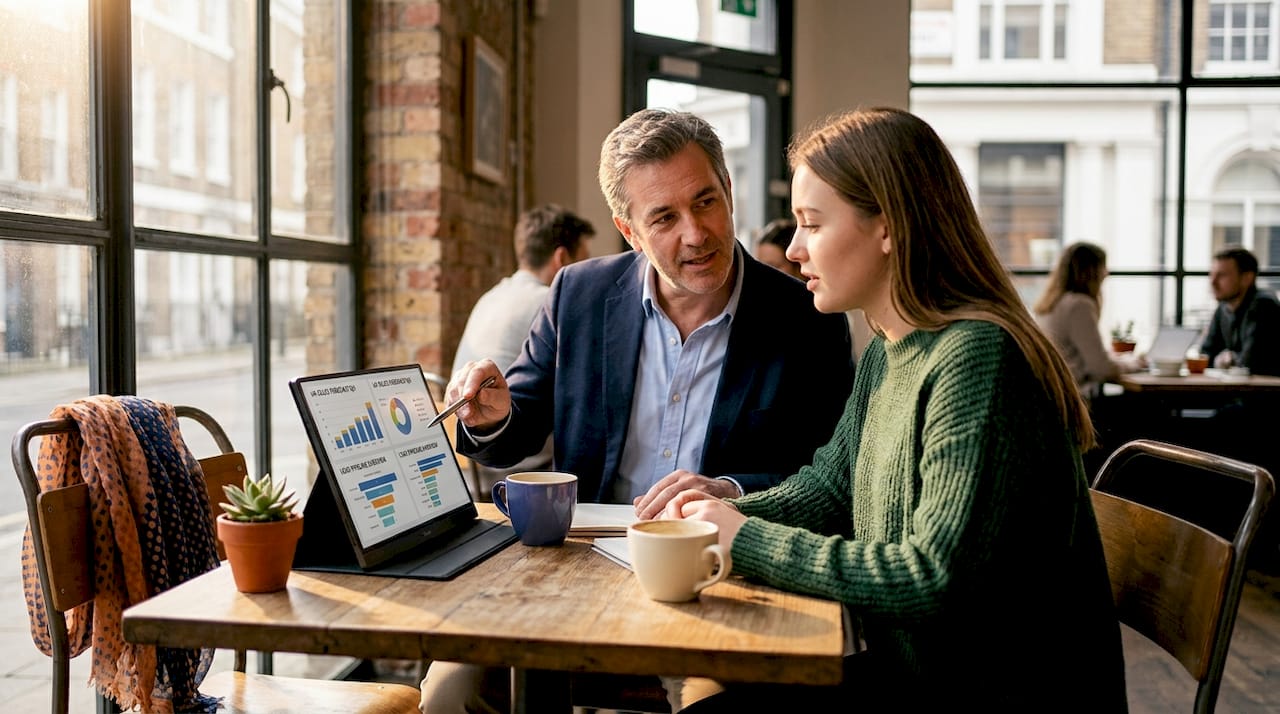 Founder onboarding new sales team member in office