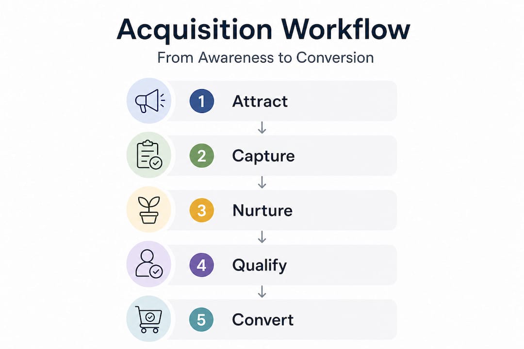 Infographic showing customer acquisition workflow steps