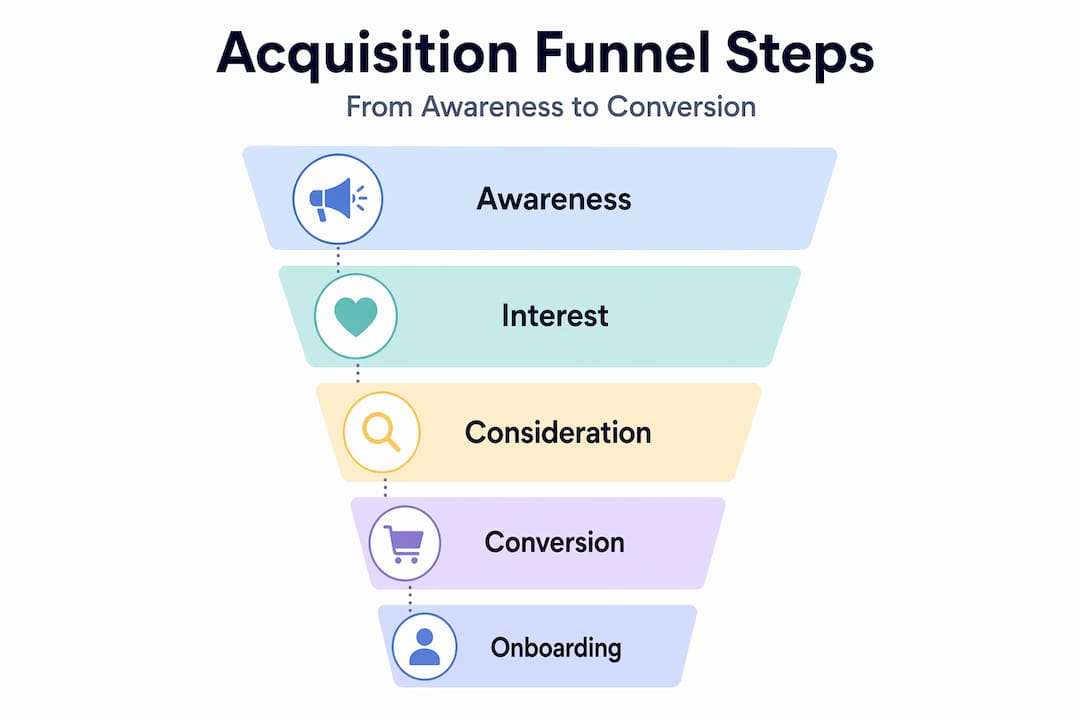 Infographic showing customer acquisition funnel steps