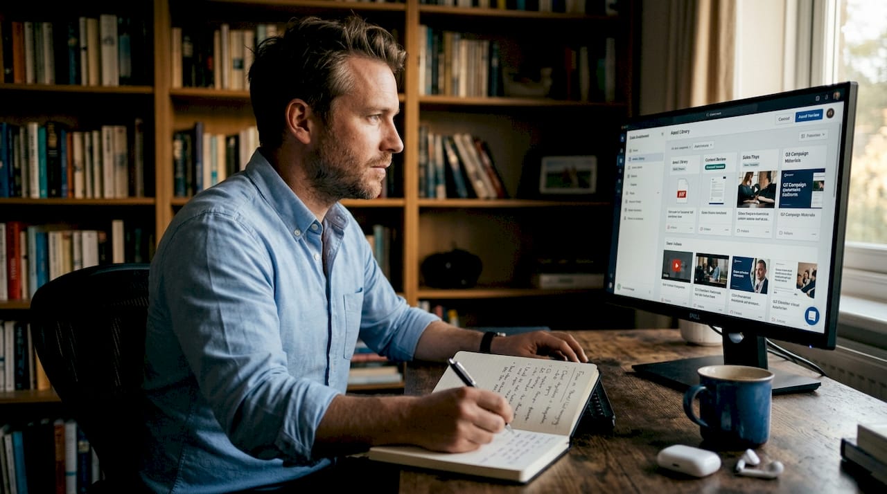 Sales rep navigating enablement platform interface