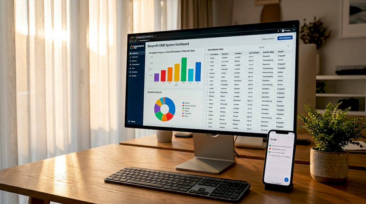 Nonprofit CRM system dashboard on computer screen