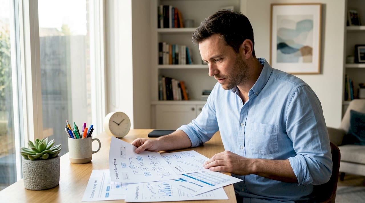 Marketing manager studying customer funnel documents