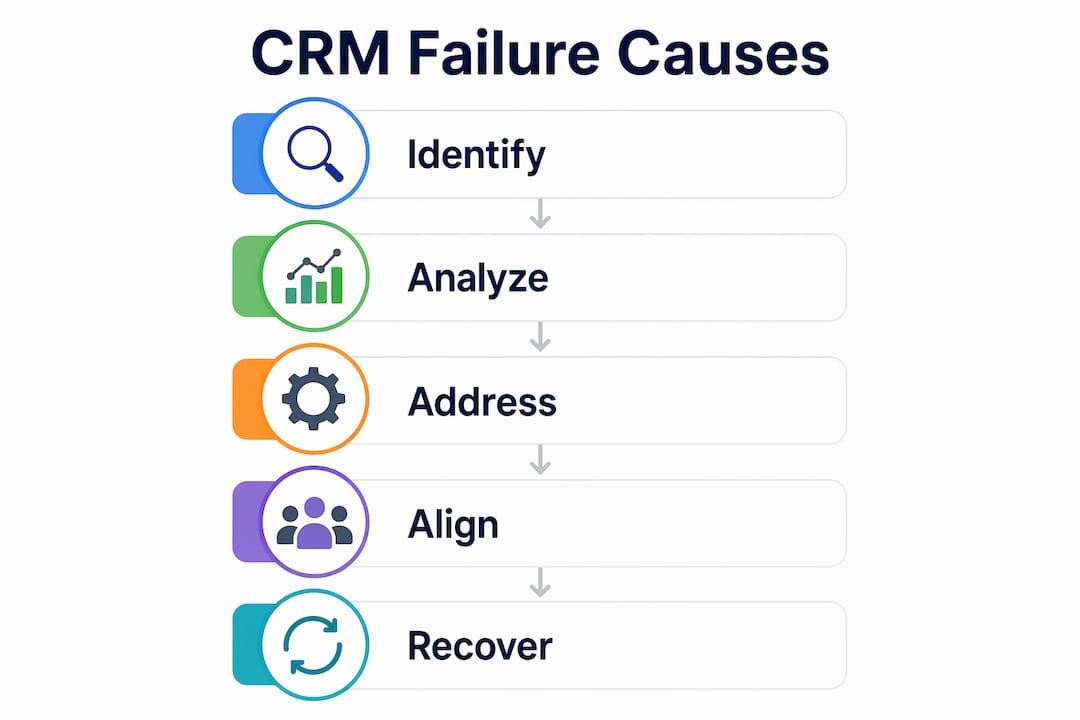 Infographic illustrating steps in CRM failure causes