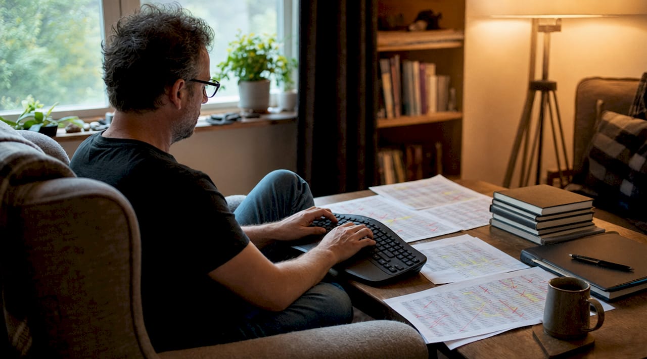 Hands typing beside duplicate data printouts