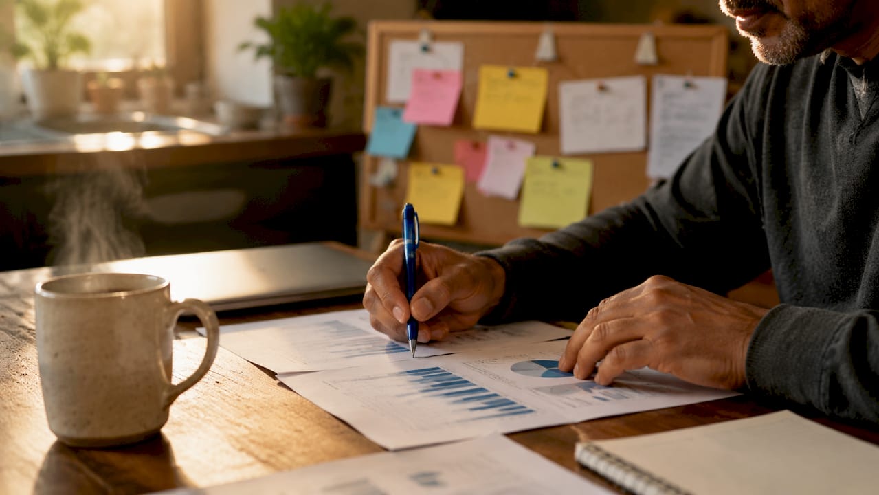 Close-up of hands reviewing sales metrics documents