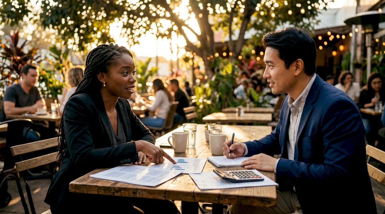 Two professionals discussing financial reports at table