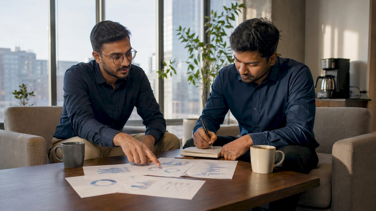 Two colleagues analyzing sales data together