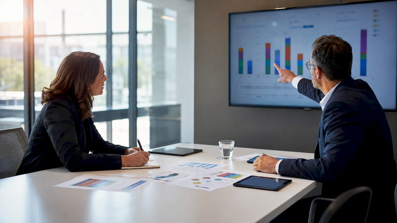 Two colleagues discussing revenue system components in meeting