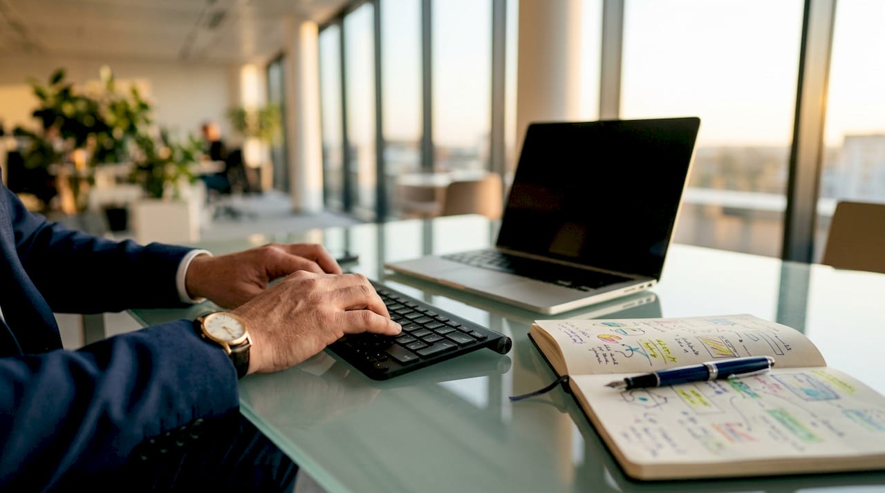 Hands typing CRM data on keyboard